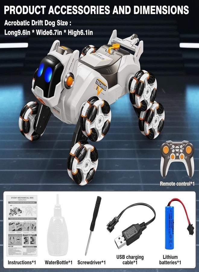 Bhavenu 8-Wheel Stunt RC Robot Dog | 2.4GHz Remote-Controlled Pet with Drift Wheels, 360° Rotation, LED Eyes & Smoke Effect | Interactive Robotic Toy for Kids Rechargeable RC Stunt Dog (White).. - Image 2